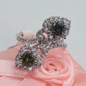 Silver 925 Green and Clear Double Heart Ring